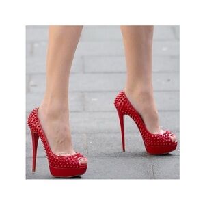 Christian Louboutin Red Patent Leather Lady Peep Toe Spike Platform Pumps Heels